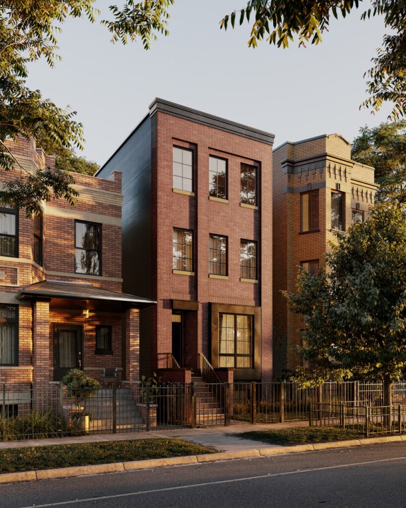 exterior render of building in the sunset