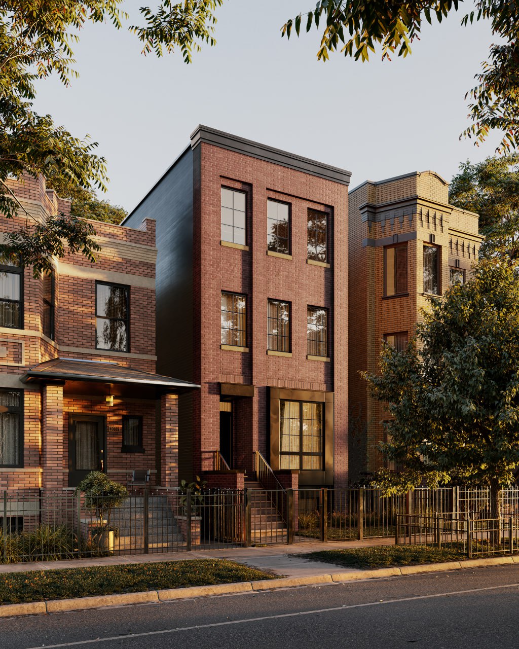 exterior render of building in the sunset