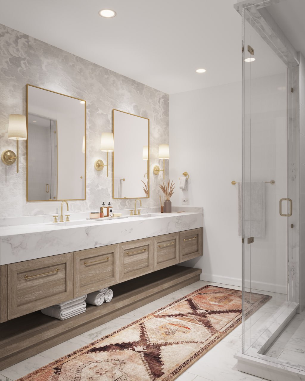 bathroom render in white color with gold details