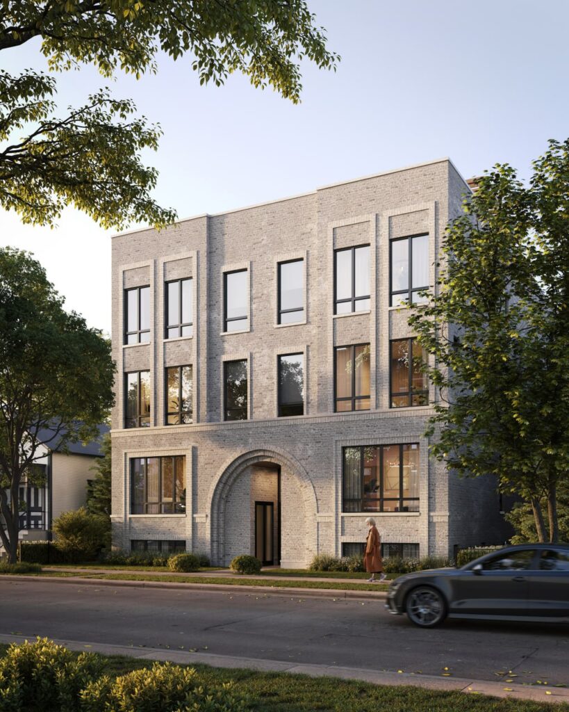 exterior render of townhouse in grey color