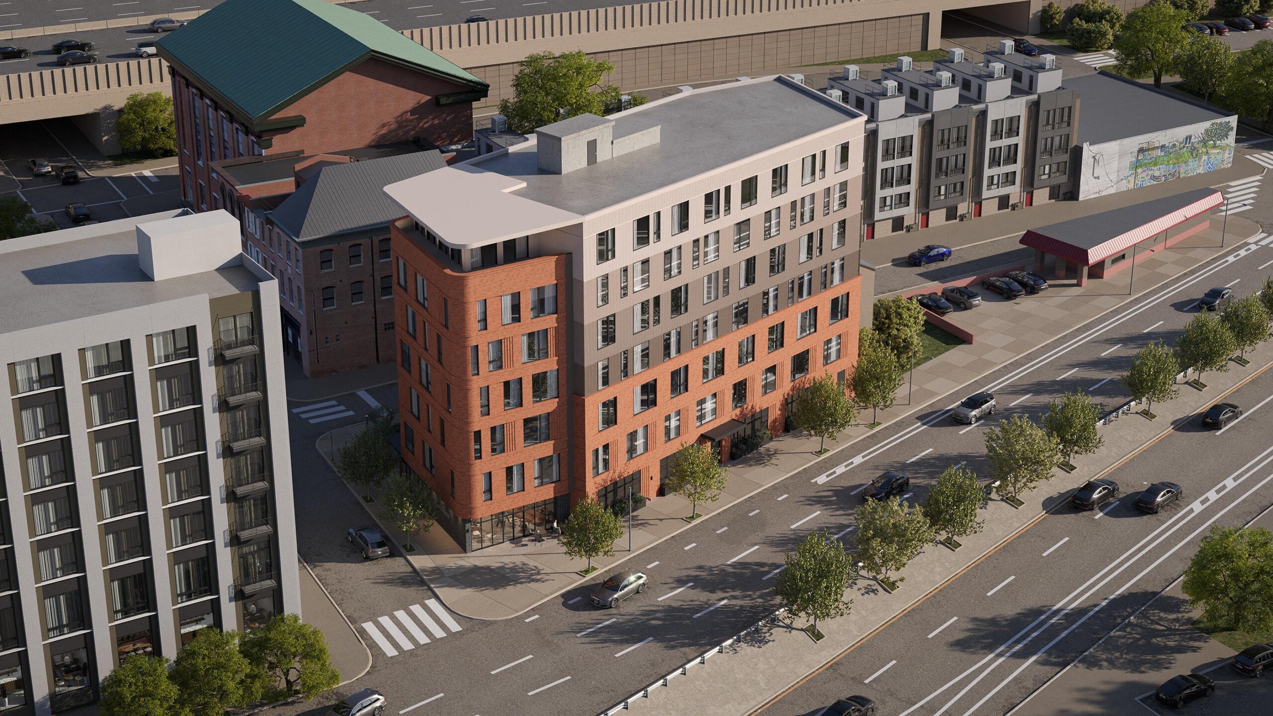 Lageplan-Rendering eines Hochlagergebäudes in der Stadt