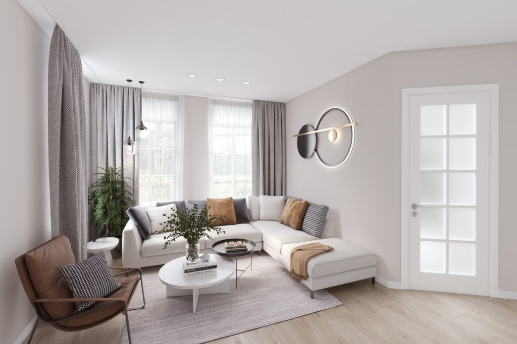 Home staging virtuel d’un séjour dans des tons blancs