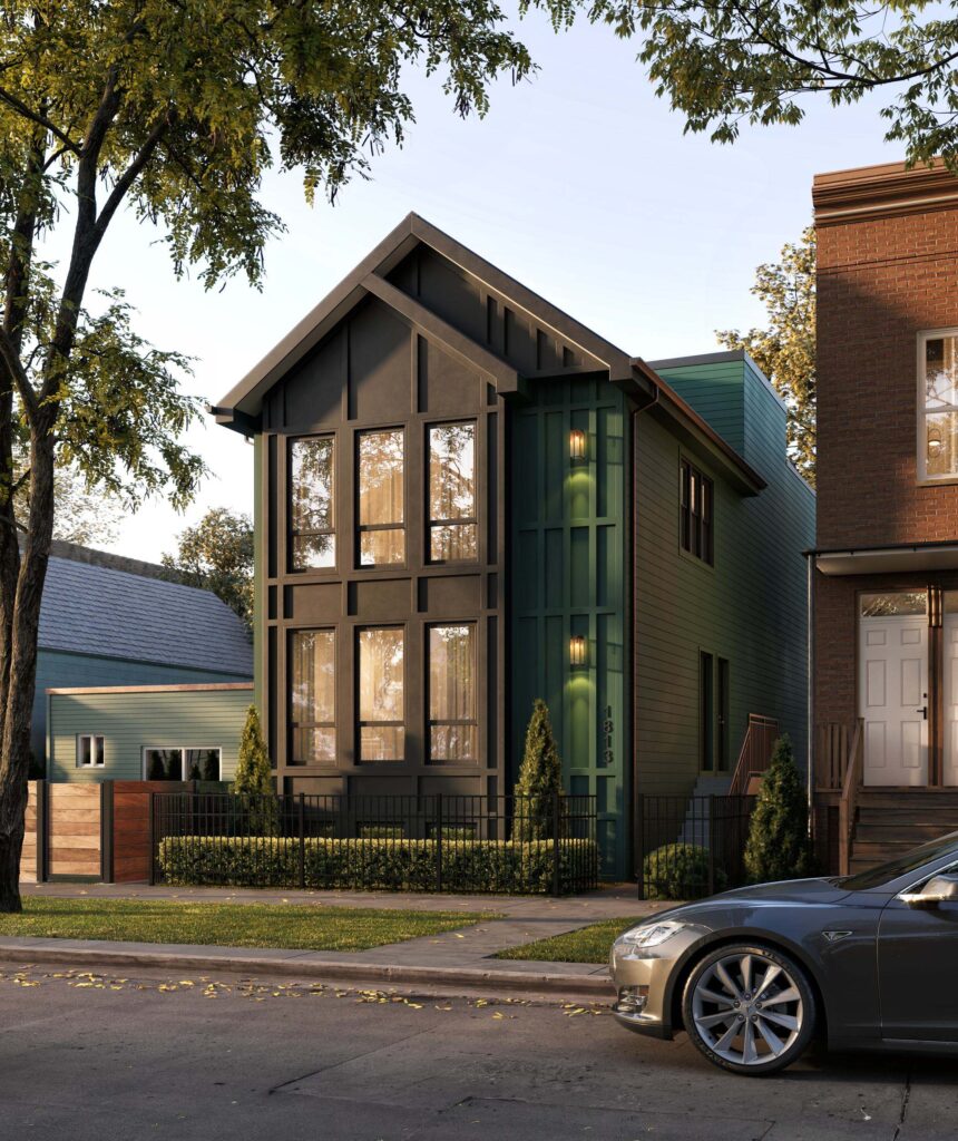 Rendu extérieur d’une maison au coucher du soleil