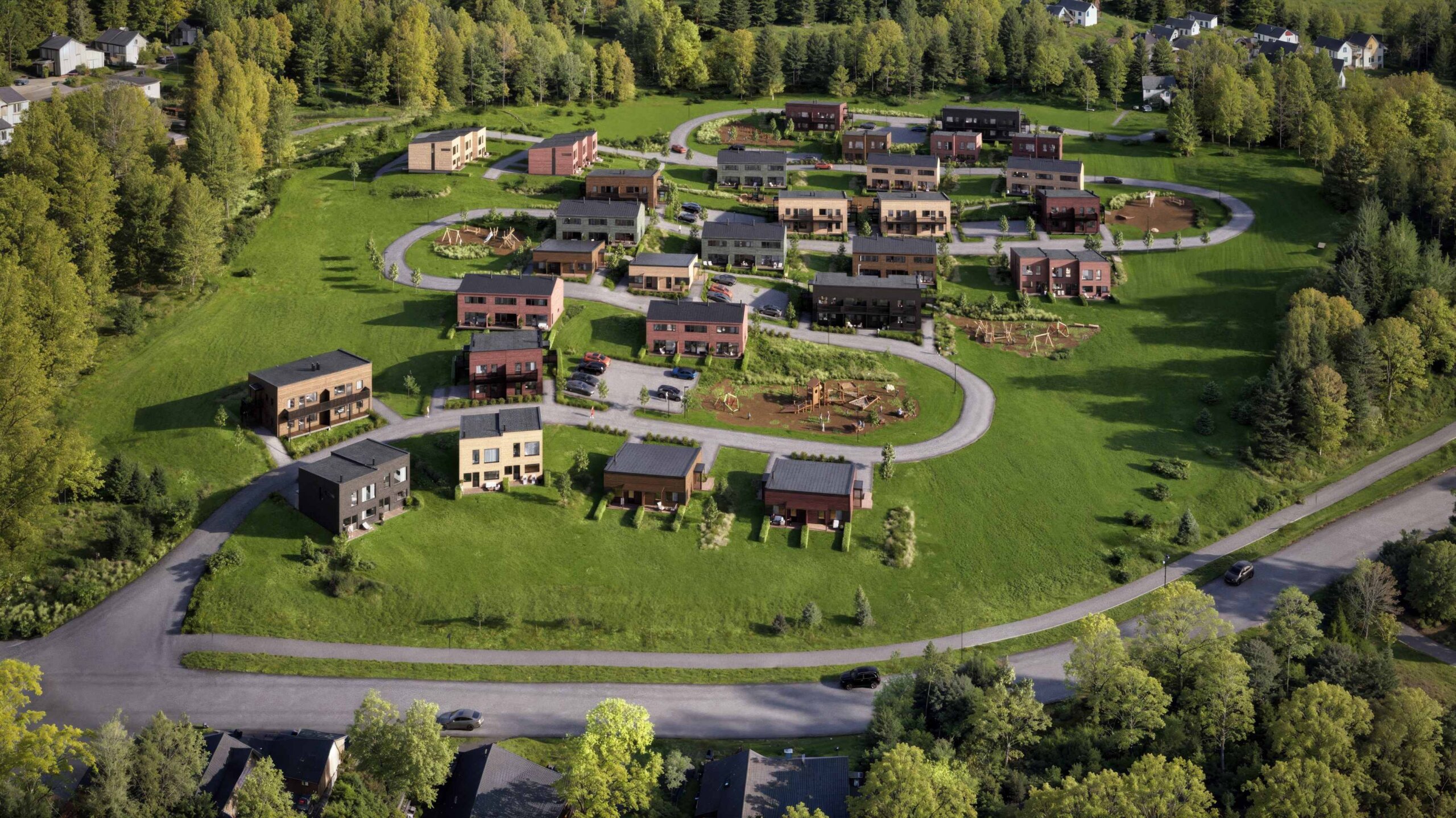 Luftbilddarstellung von Häusern entlang der Straße