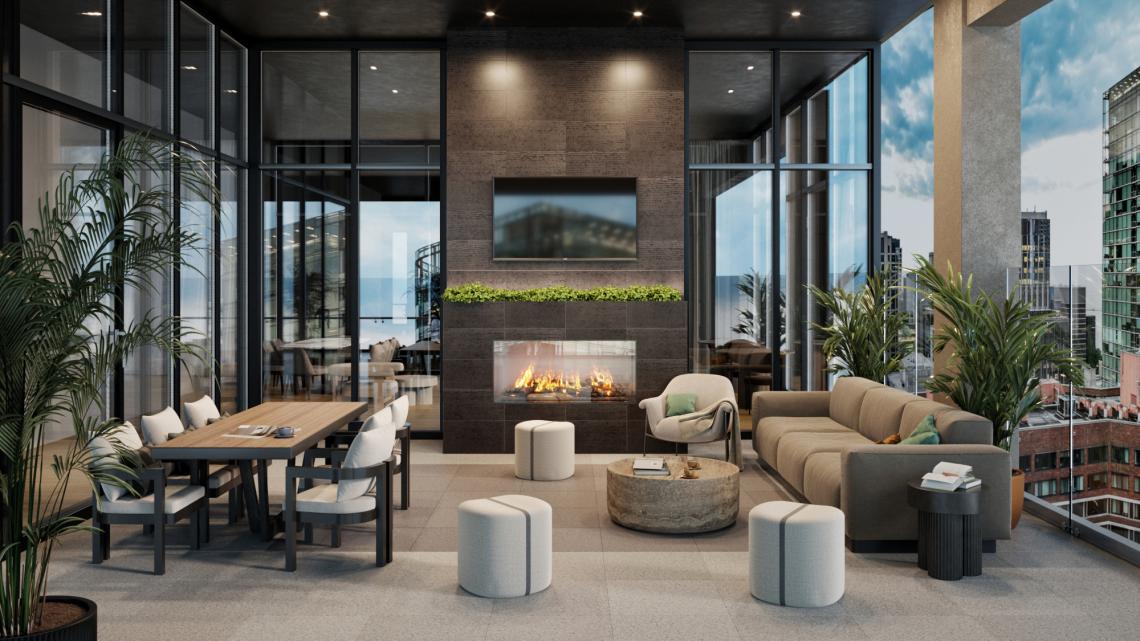 interior rendering design in daylight with fireplace and white chairs