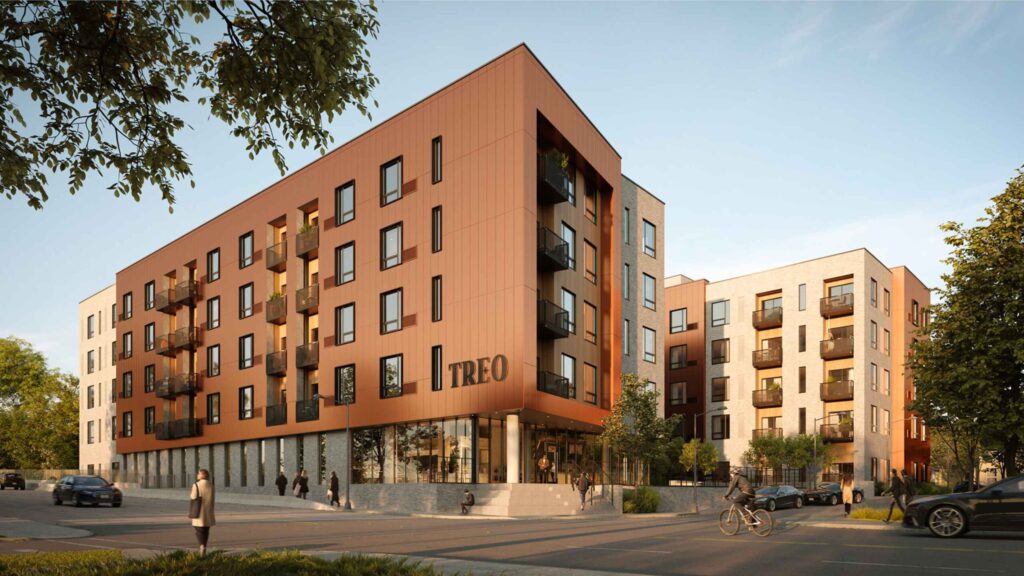 A 3D exterior render of the Treo Apartments