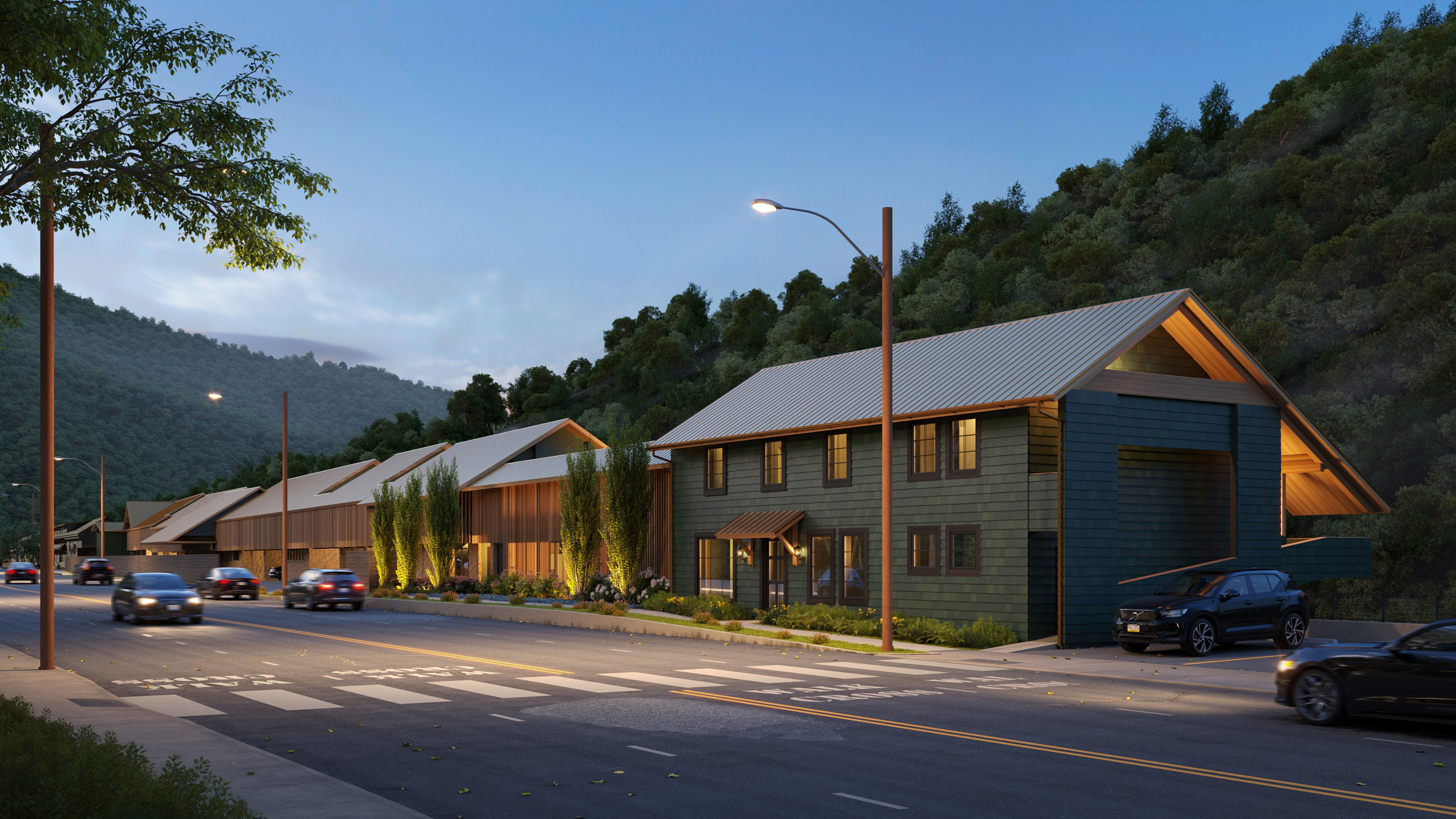 3D exterior visualization of the hotel near mountains
