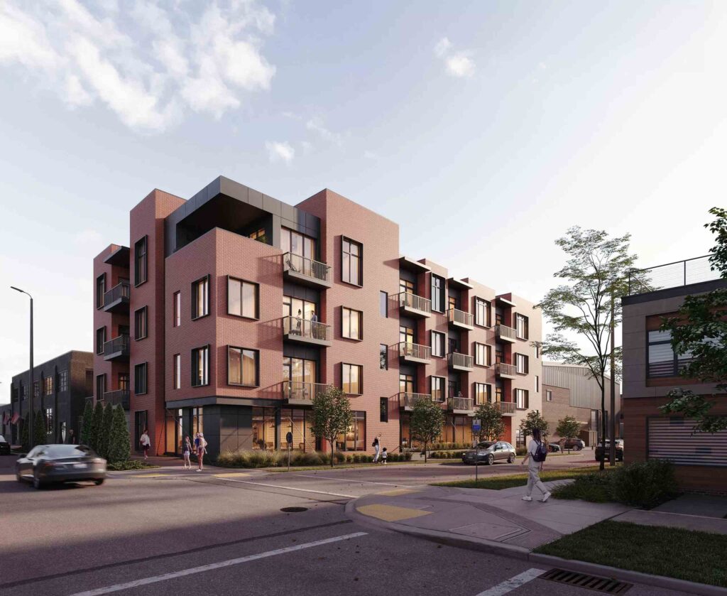 Modern 3D apartment building on urban street corner.