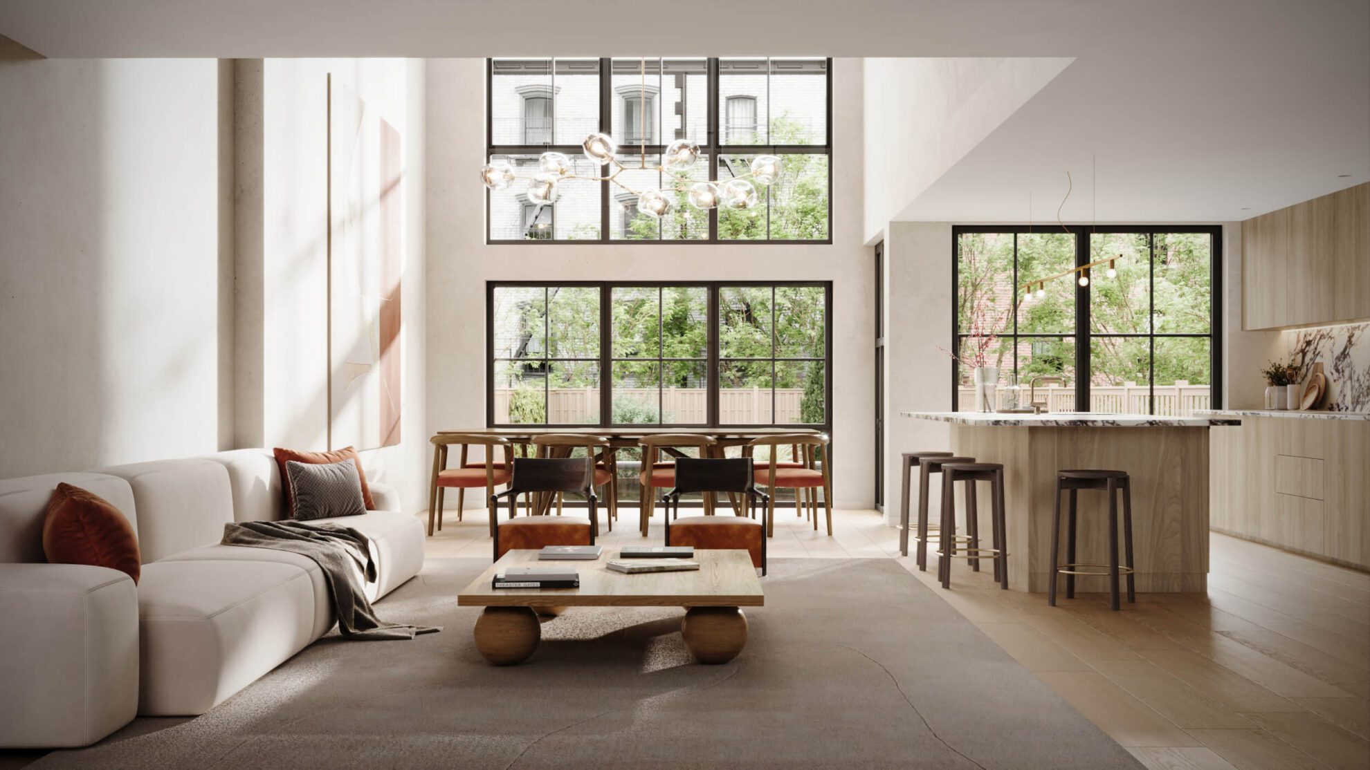 interior rendering of kitchen and living room in white color with large windows