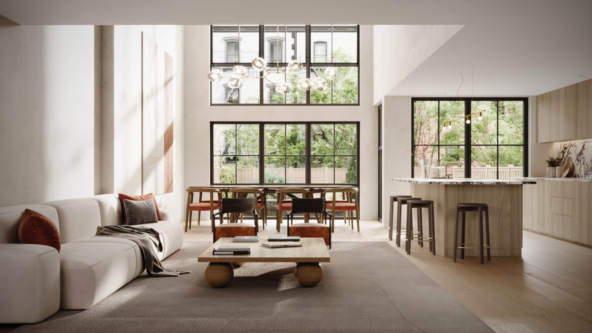 interior rendering of kitchen and living room in white color with large windows