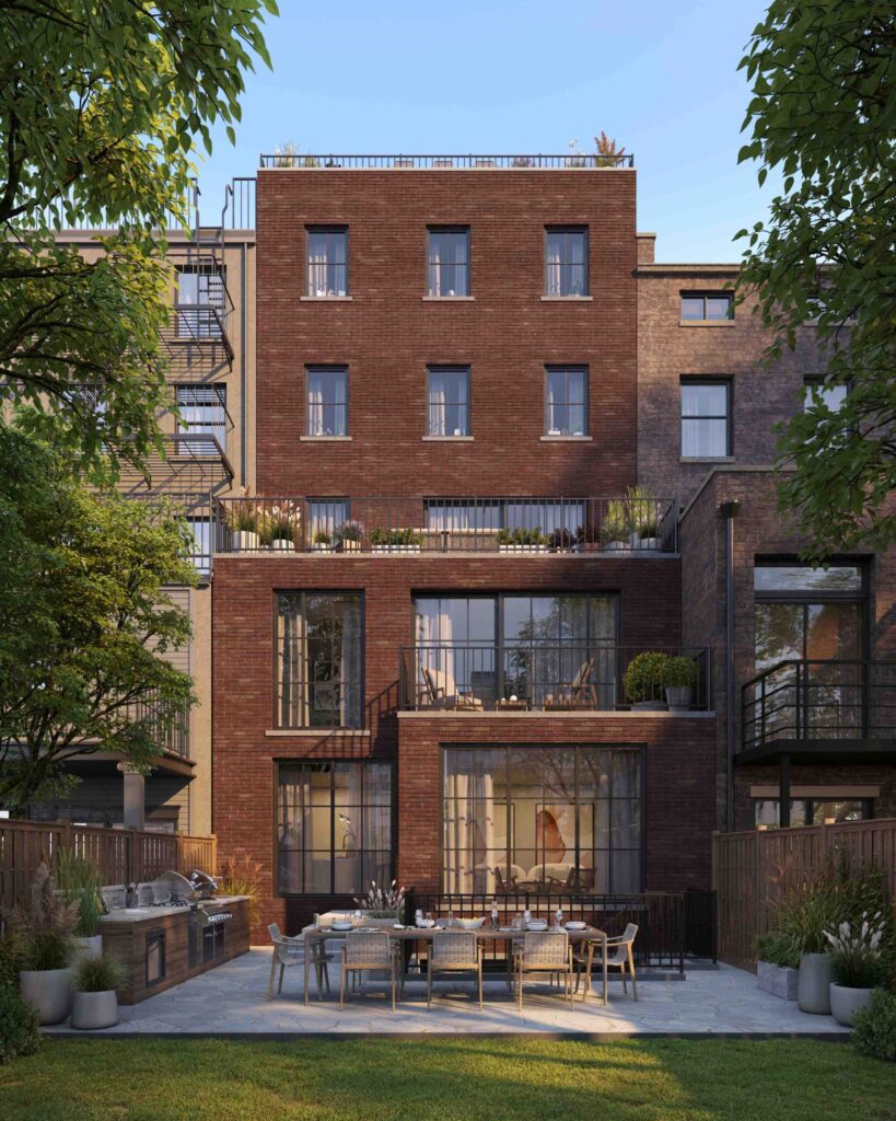 3d exterior rendering of yard and building brown bricks