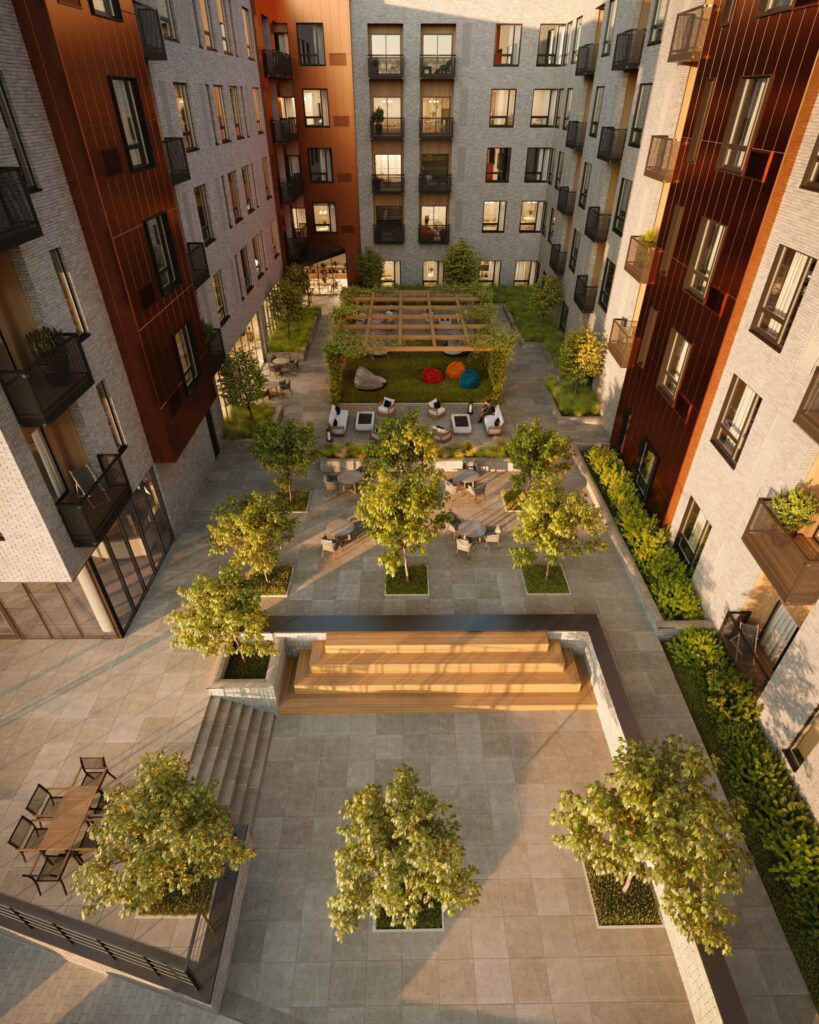 TREO, Cleveland: courtyard from above at golden hour, aerial rendering