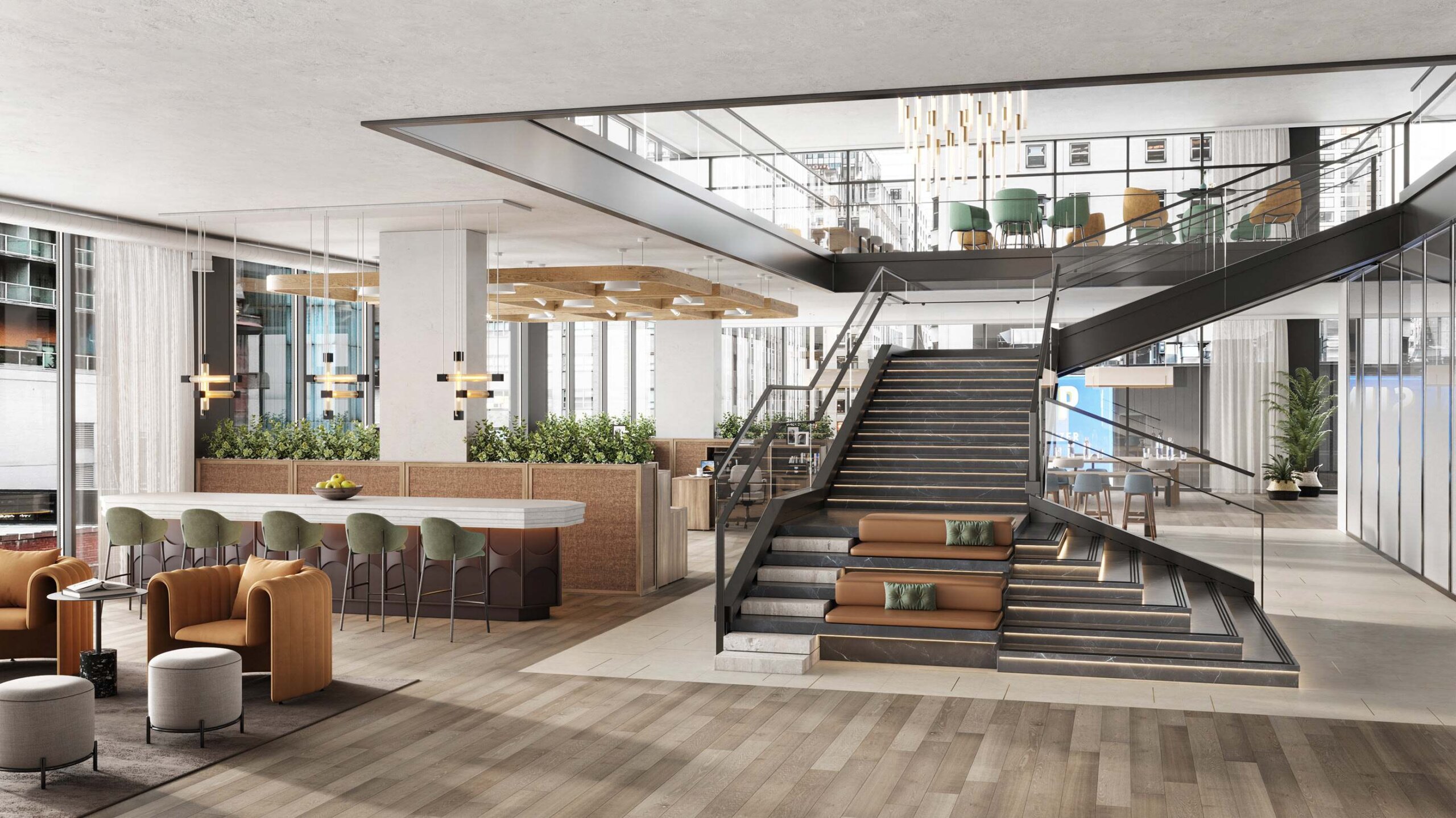 3d interior rendering of coworking with stairs brown chairs and plants