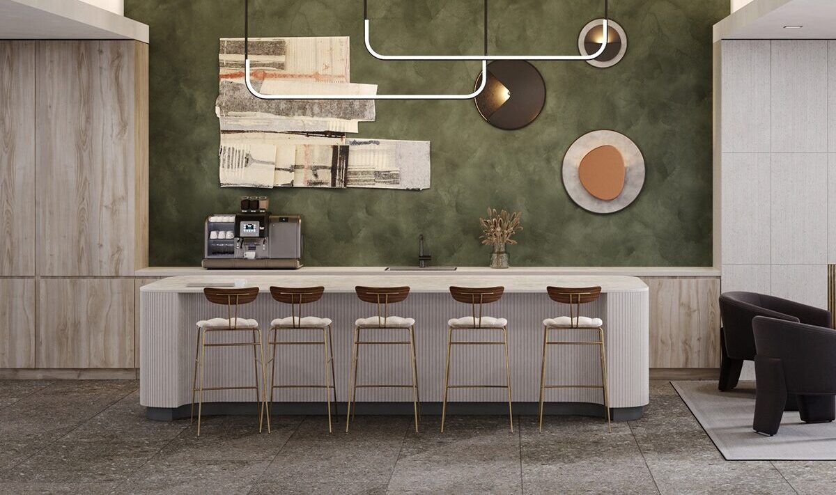 Residents’ café with a green plaster wall — interior 3D rendering for Mavrek Development