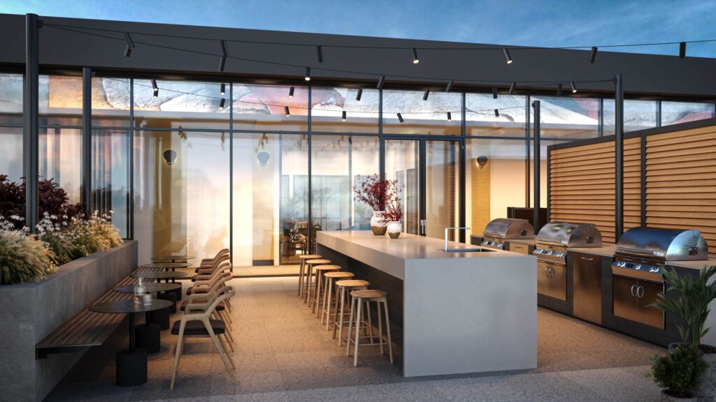 Rooftop grill terrace at dusk, amenity rendering for a Mavrek building