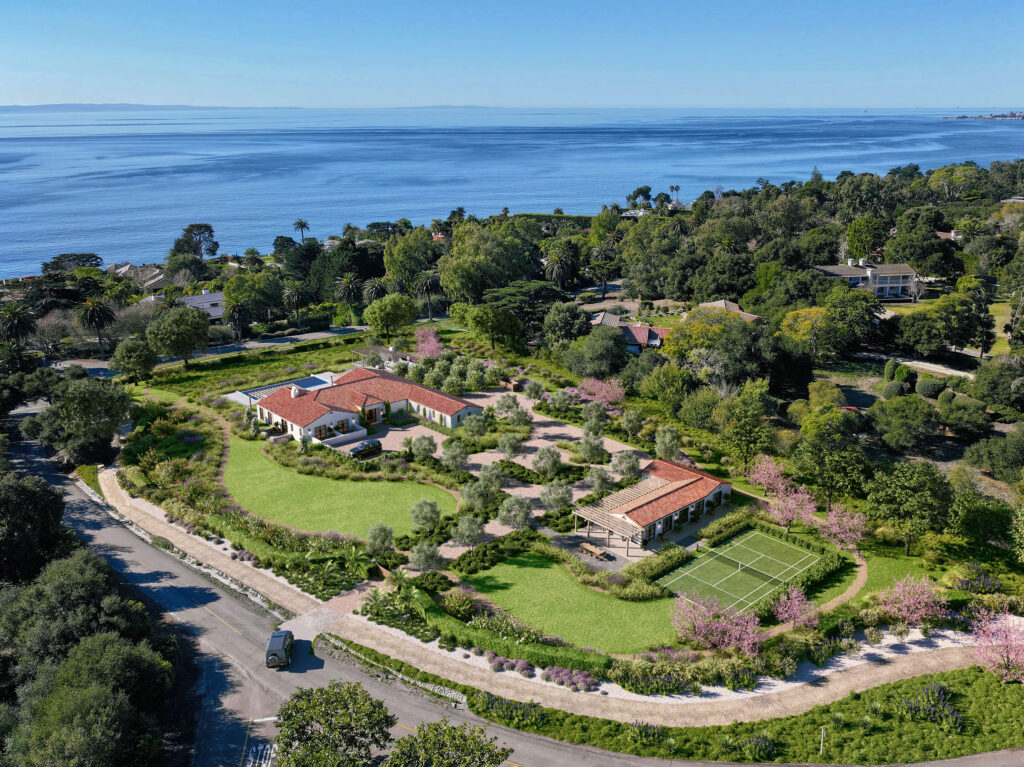 Rendu architectural aérien d’une propriété résidentielle de luxe avec jardins paysagés près du littoral