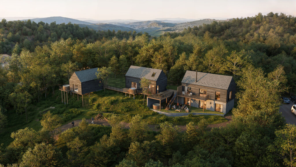 Rendu architectural aérien de maisons individuelles intégrées à un paysage forestier
