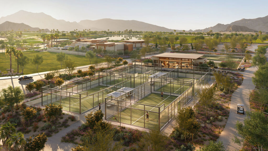 Rendu architectural aérien d’un pavillon de tennis et de courts au sein d’une résidence