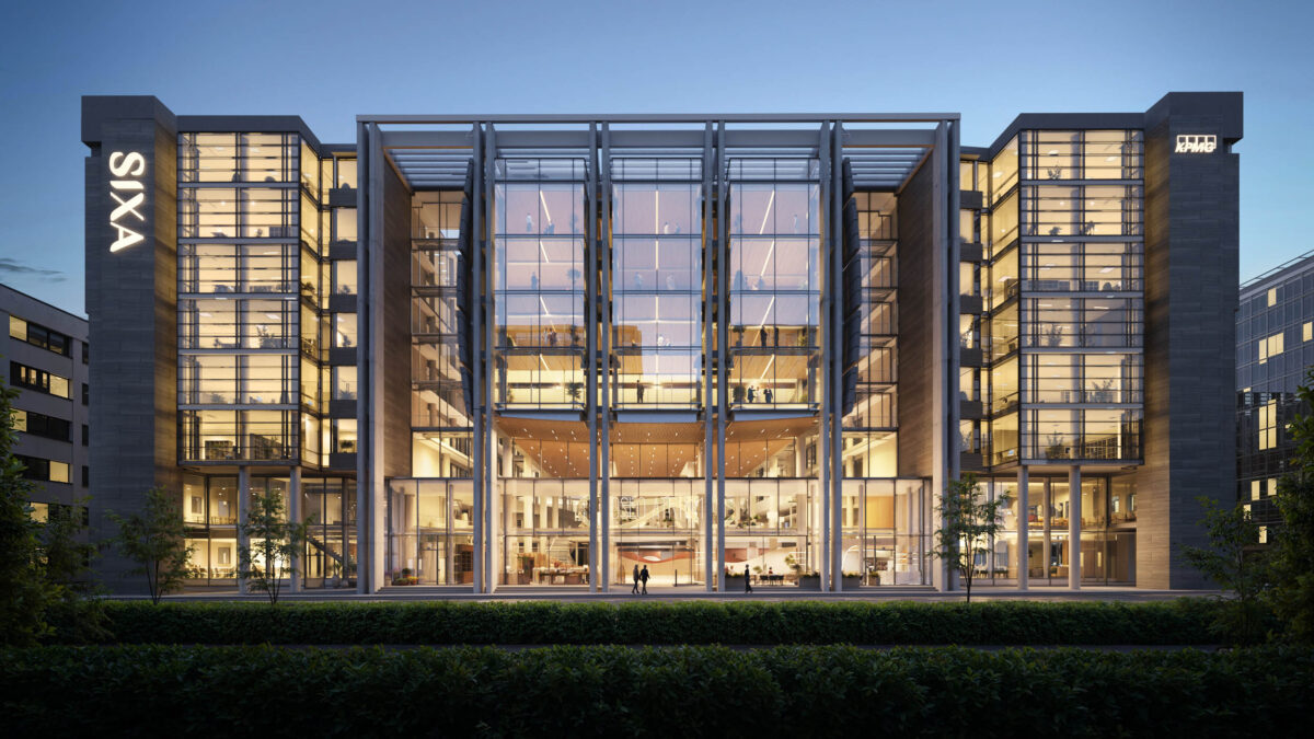 3d exterior rendering of modern office building