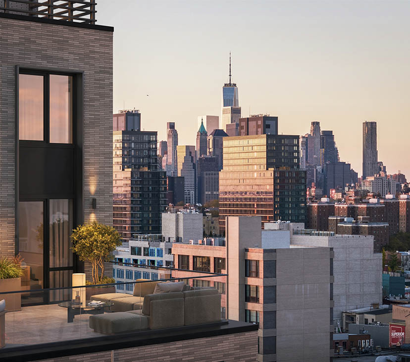 3d exterior rendering of rooftop terrace with city skyline view