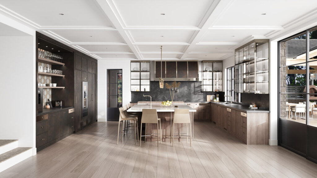 Rendu 3D d’une cuisine de luxe avec grand îlot, plafond à caissons et mobilier sur mesure