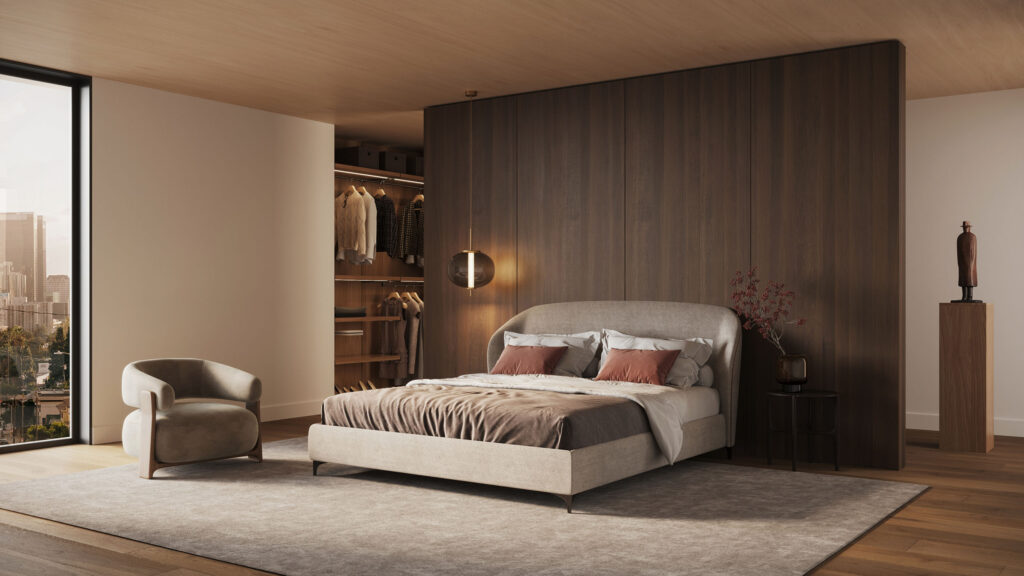 Rendu 3D d’une chambre moderne avec panneaux muraux en bois, lit capitonné et éclairage d’ambiance doux