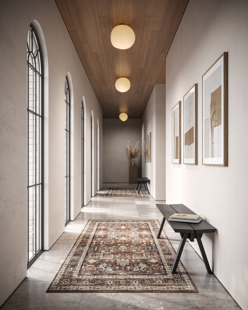 Rendu 3D d’un couloir moderne avec fenêtres cintrées, plafond en bois, plafonniers encastrés et tapis à motifs