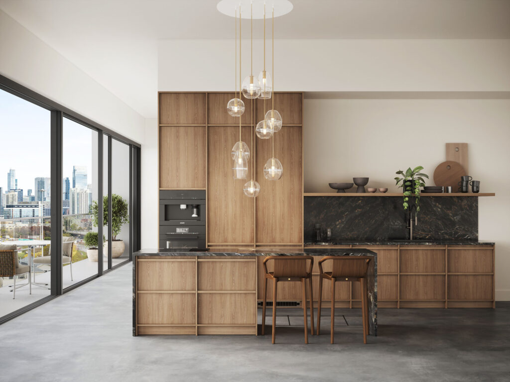 Rendu 3D d’une cuisine moderne avec meubles épurés, électroménager intégré et plan ouvert
