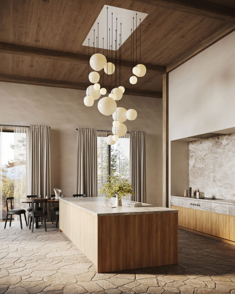 Rendu 3D d’une cuisine moderne avec îlot en bois, hauteur sous plafond et suspensions décoratives