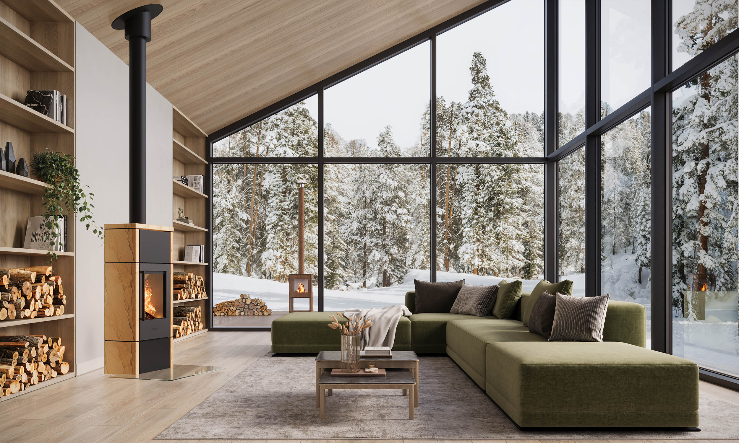 Fotorealistische 3D-Innenvisualisierung mit Kamin, Arbeit von Freedes Studio