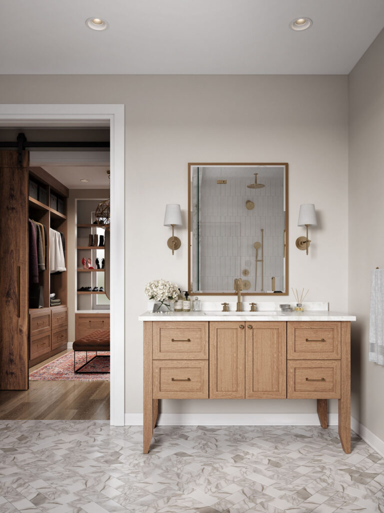 Rendu 3D d’une salle de bains avec meuble-vasque en bois, sol en marbre, robinetterie laiton et douche à l’italienne