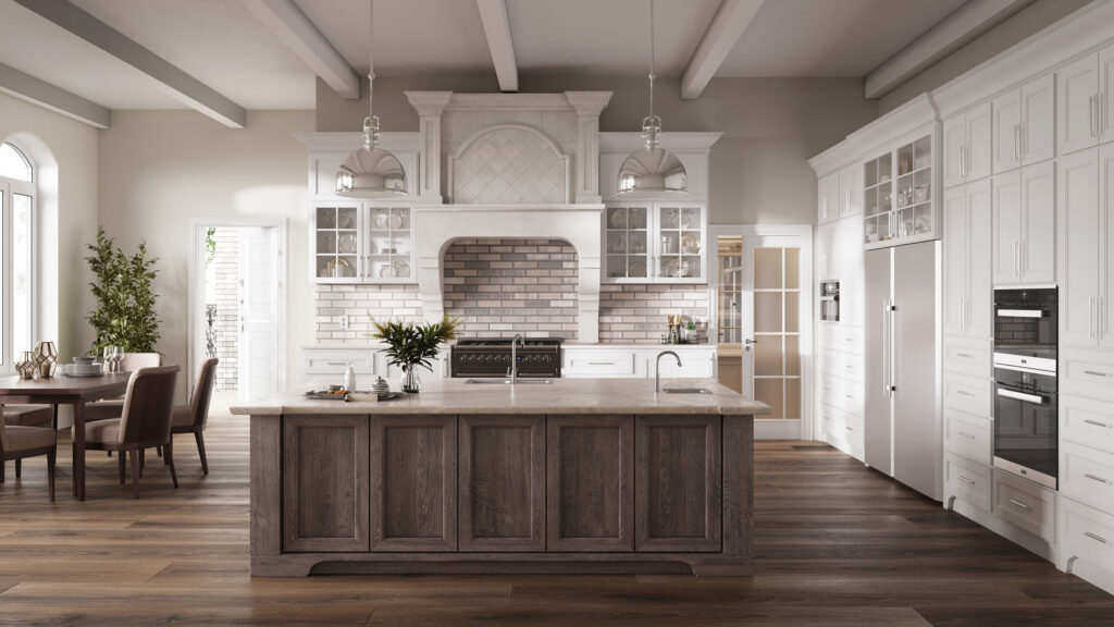 Rendu 3D d’une cuisine classique avec îlot sur mesure, façades blanches et parquet en bois naturel