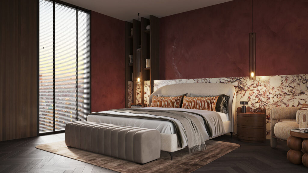Rendu 3D d’une chambre de luxe avec mur d’accent en marbre, éclairage chaleureux et mobilier contemporain