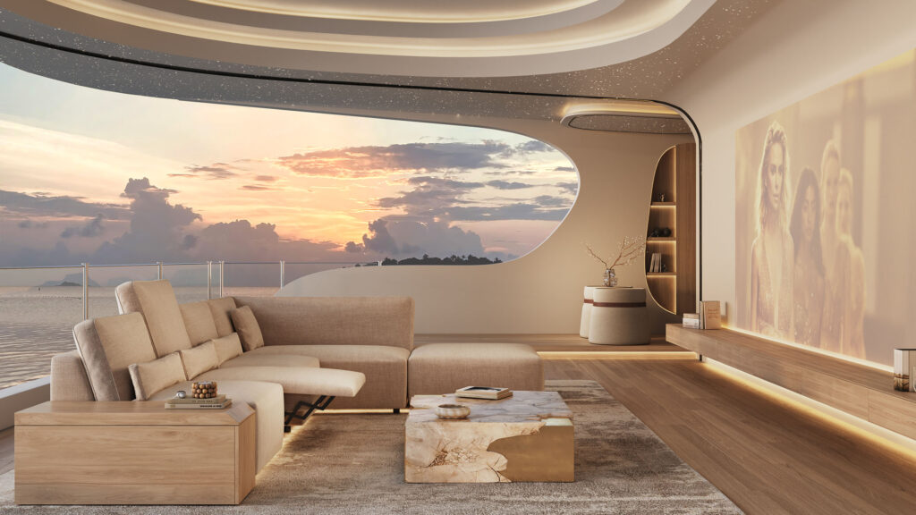 Rendu 3D d’un séjour de luxe avec vue panoramique sur l’océan, architecture courbe et éclairage d’ambiance chaud
