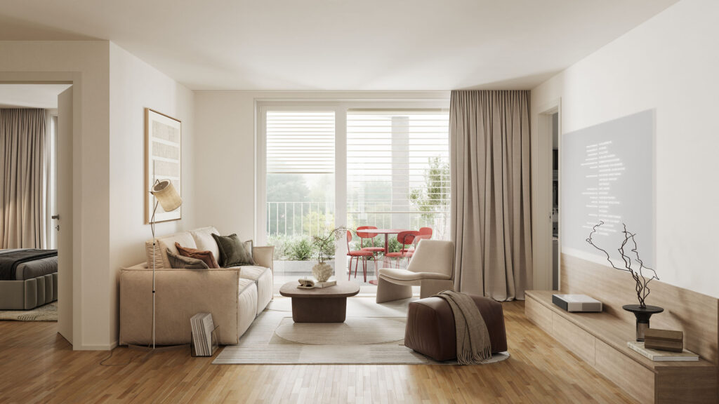 Rendu 3D du séjour d’un appartement moderne avec balcon, lumière naturelle et mobilier minimaliste