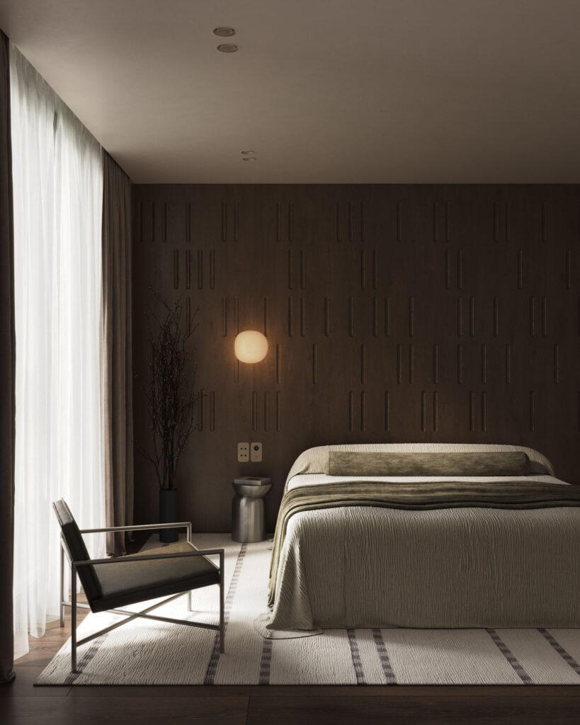 Rendu 3D d’une chambre moderne avec mur d’accent en bois foncé, éclairage doux et mobilier minimaliste