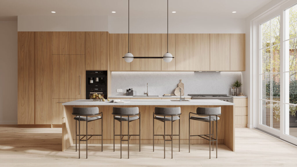 Rendu 3D d’une cuisine moderne avec meubles en bois, grand îlot, tabourets de bar et lumière naturelle