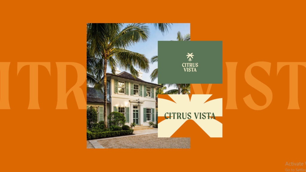 Présentation du concept de marque Citrus Vista avec logo et éléments d’identité visuelle
