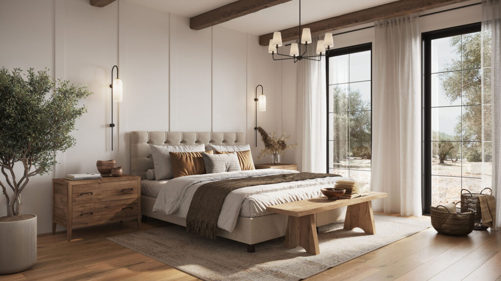 Rendu 3D d’une chambre chaleureuse avec lumière naturelle, poutres apparentes et palette de couleurs neutres