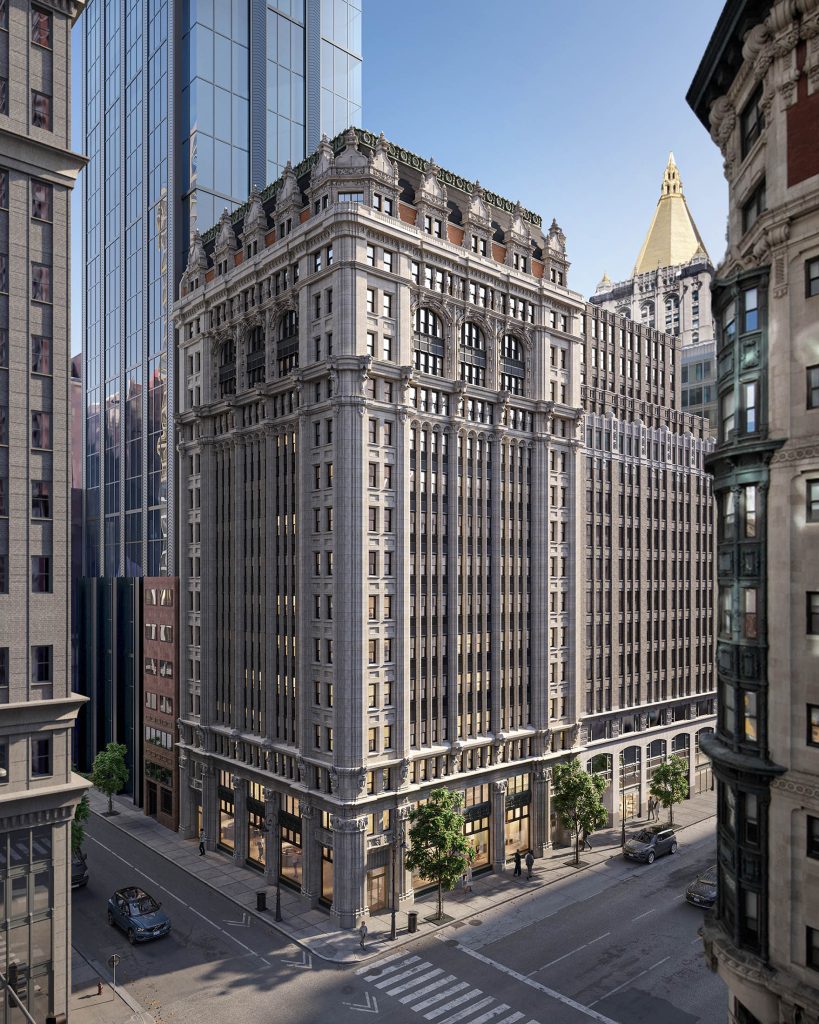 Rendu extérieur d’un bâtiment commercial historique à façade classique et commerces en rez-de-chaussée