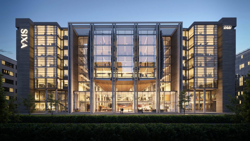 Rendu 3D d’un immeuble de bureaux moderne à mur-rideau vitré et entrée sur rue