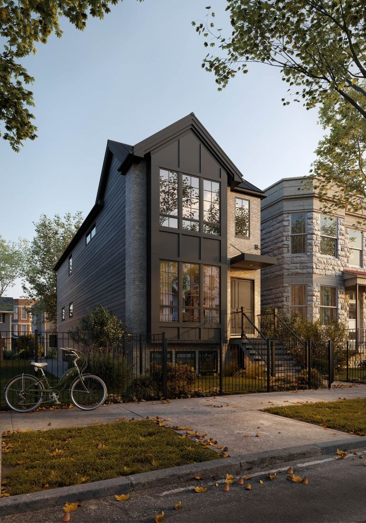 Rendu extérieur d’un ensemble de maisons de ville modernes à bardage bois et jardins privatifs