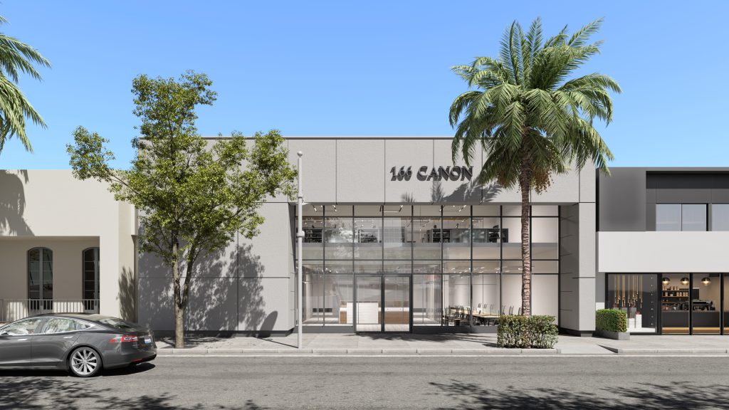 3D exterior rendering of a storefront at 166 N Canon Dr, Beverly Hills, for Canon Business Properties