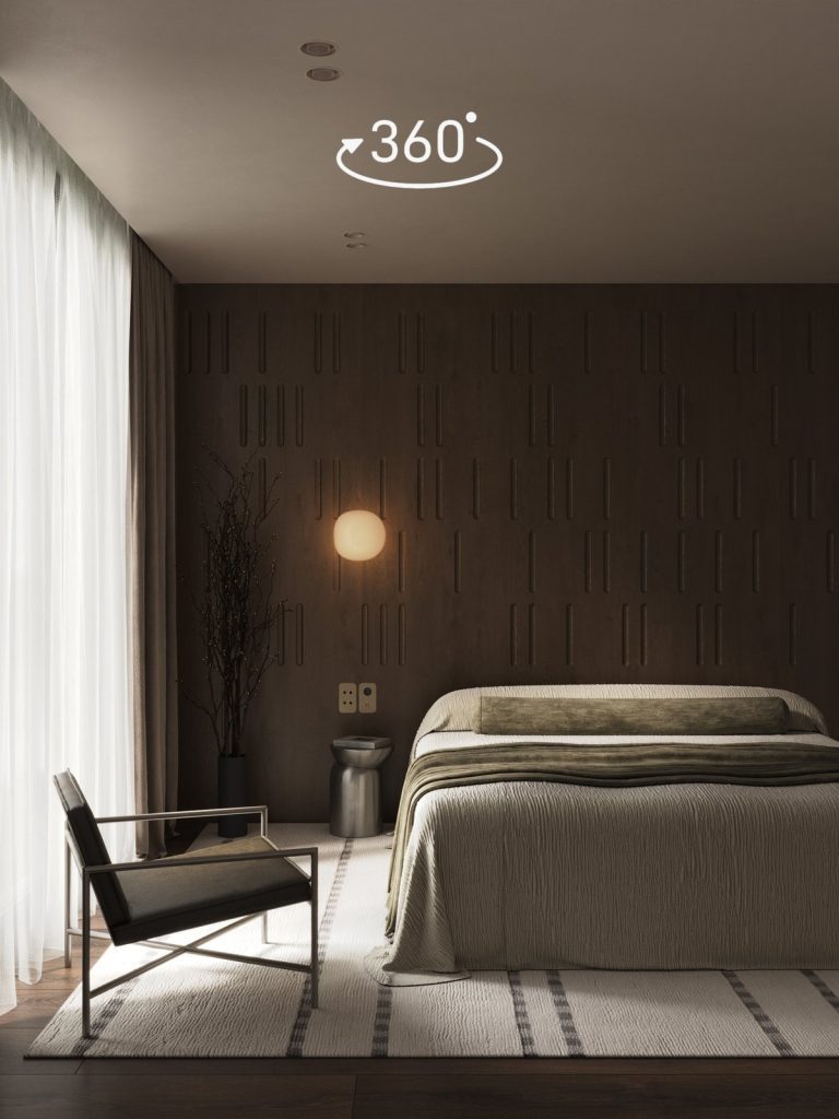 360° virtual tour of a bedroom with textured wall panels and sheer curtains