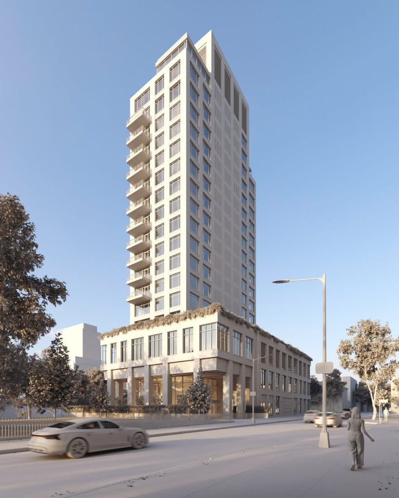 3D architectural model rendering of a high-rise residential tower with balconies, street view