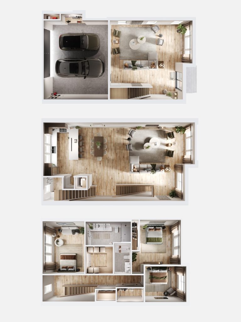 3D floor plans of a three-storey townhouse: garage level, living floor and bedrooms