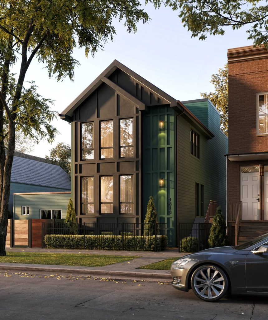 3D house rendering of a modern two-storey house with a pitched roof on a tree-lined street at dusk