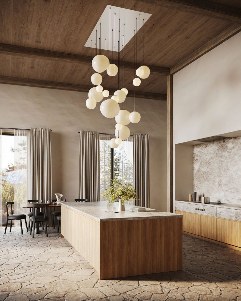 3D interior rendering of an open kitchen with a marble island and a cluster of pendant lights