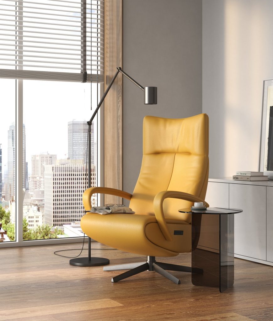3D product model of a yellow leather recliner armchair by a window with a city view