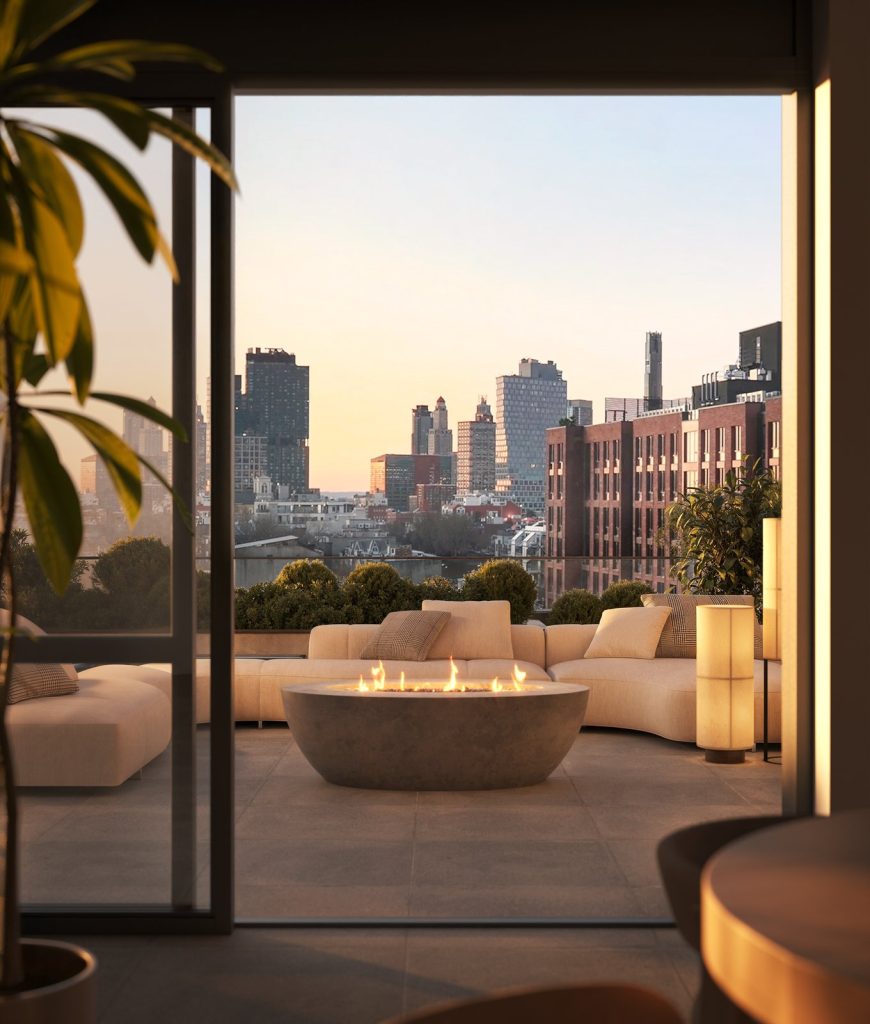3D product rendering of an outdoor lounge set and fire pit on a rooftop terrace at sunset